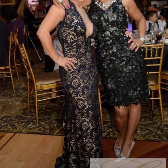 Navy Blue Evening Gown Nude Lining with Lace Overtop Beaded Plunging Neckline - Picture 16 of 16